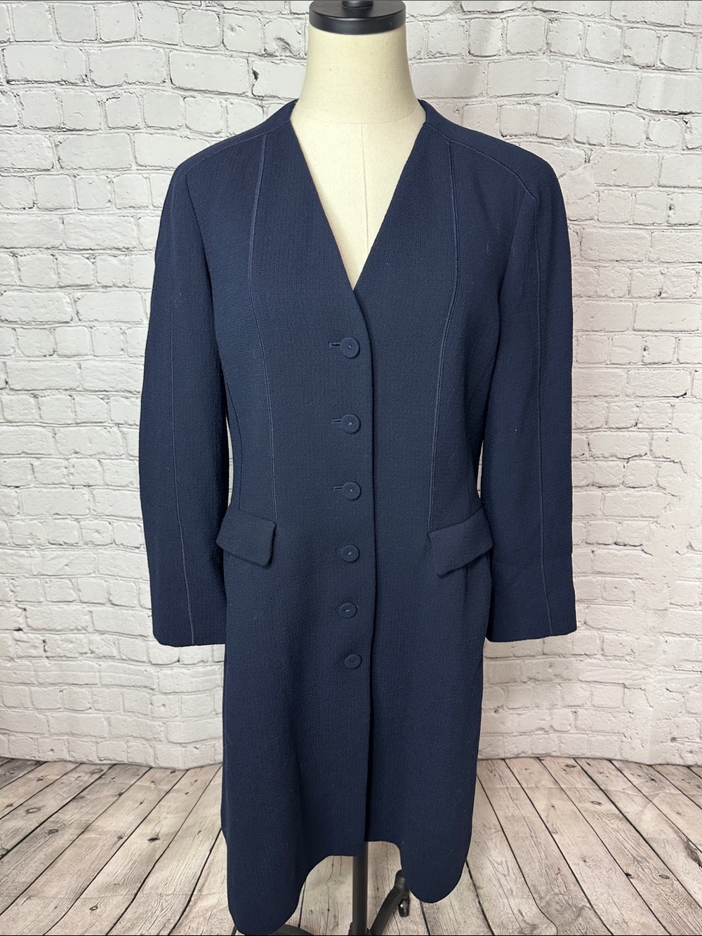 Lafayette 148 New York Navy 100% Wool Collarless Longline Blazer Coat Size 8
